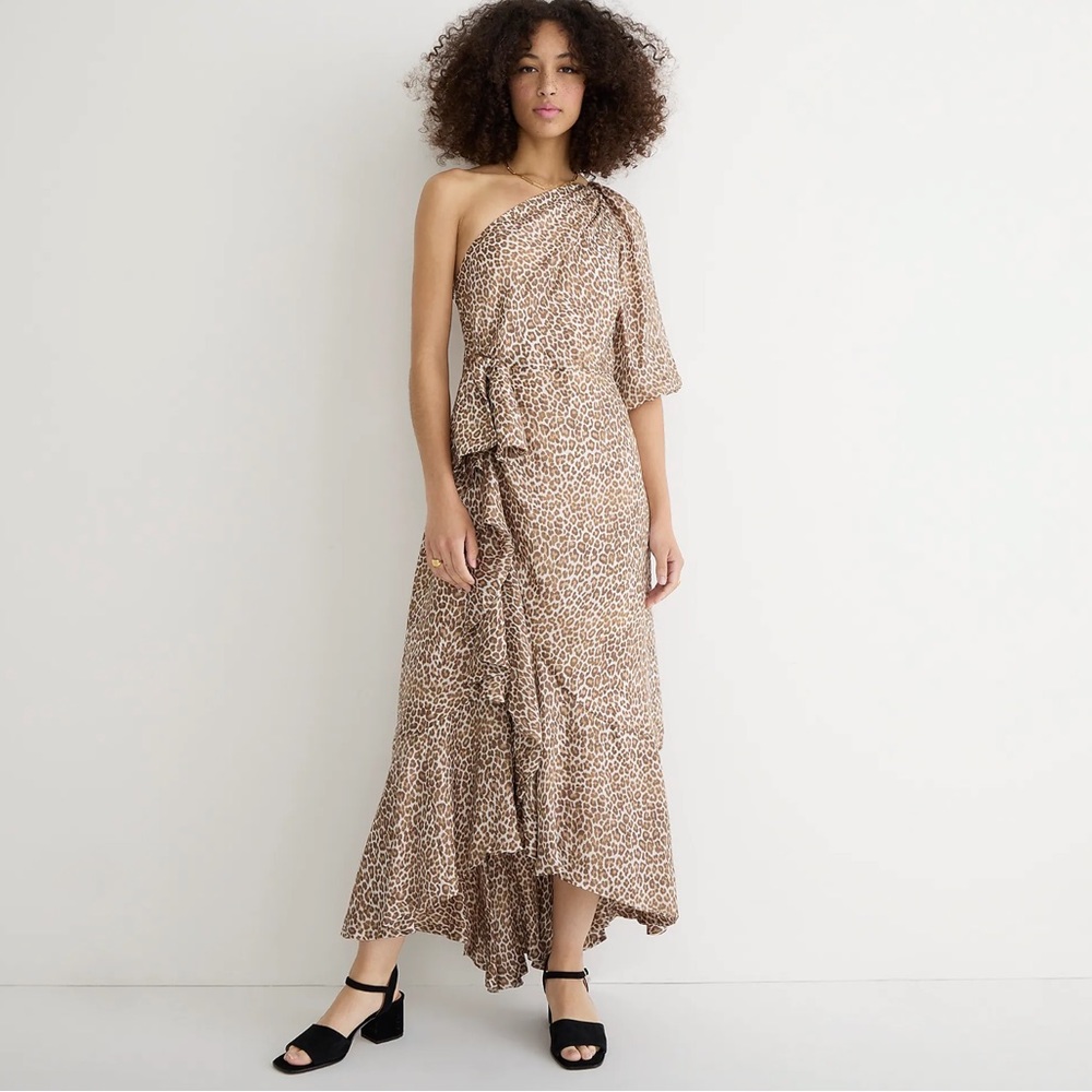 JCREW ONE SHOULDER RUFFLE HEM DRESS IN LEOPARD SZ 6 NWT